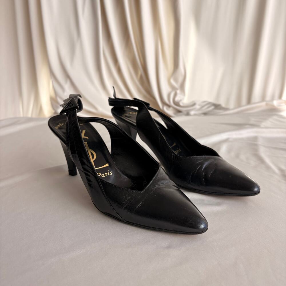 Vintage 80s YSL Black Leather Slingback Heels -  7.5 (fits like a 7)